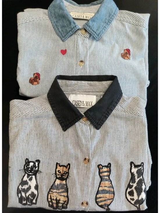 Casey & Max Tops - Vintage Casey & Max Striped Embroidered Shirt 2 Pieces Cottagecore Cats/Hearts M